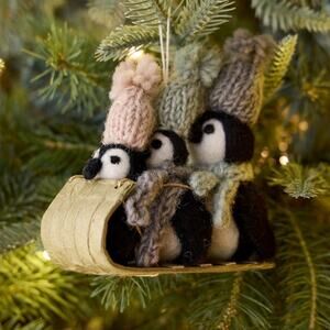 NWT West Elm Felted Penguin Sleigh Sled Fun Christmas Ornament